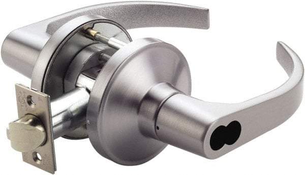 PDQ - Heavy Duty Storeroom Lever Lockset - 2-3/4" Back Set, Small Format I/C Less Cylinder, Zinc, Antimicrobial Coated, Satin Chrome Plated Finish - Industrial Tool & Supply