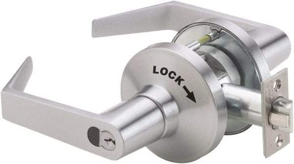 PDQ - Heavy Duty Classroom Intruder Lever Lockset - 2-3/4" Back Set, Small Format I/C Less Cylinder, Zinc, Antimicrobial Coated, Satin Chrome Plated Finish - Industrial Tool & Supply