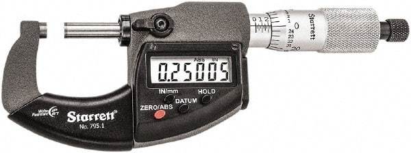 Starrett - 0 to 1" Range, Standard Throat IP67 Electronic Outside Micrometer - Ratchet Stop Thimble, Carbide Face, CR2032 Battery - Industrial Tool & Supply