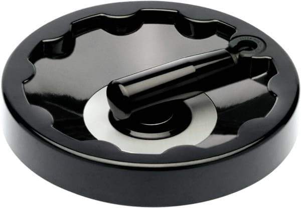 Elesa - 9.8" Diam, Duroplast Handwheel with Fold Away Handle - 1.92" Hub Diam - Industrial Tool & Supply