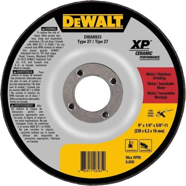 DeWALT - 24 Grit, 9" Wheel Diam, Type 27 Depressed Center Wheel - Coarse/Medium Grade, Ceramic, N Hardness, 6,600 Max RPM - Industrial Tool & Supply