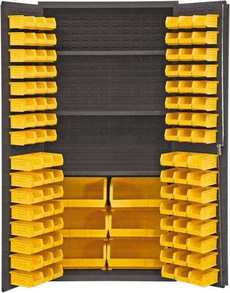 Durham - 3 Shelf 102 Bin Storage Cabinet - Steel, 36" Wide x 24" Deep x 72" High, Yellow - Industrial Tool & Supply