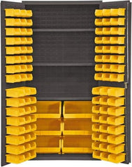 Durham - 3 Shelf 102 Bin Storage Cabinet - Steel, 36" Wide x 24" Deep x 72" High, Yellow - Industrial Tool & Supply