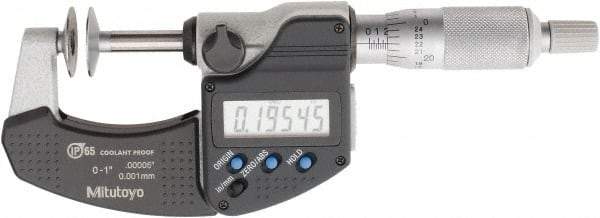 Mitutoyo - 0 to 1 Inch, Ratchet Stop Thimble, IP65 Water Resistance, Electronic Disc Micrometer - 0.0002 Inch Accuracy, 20mm Disc, 0.00005 Inch Resolution - Industrial Tool & Supply
