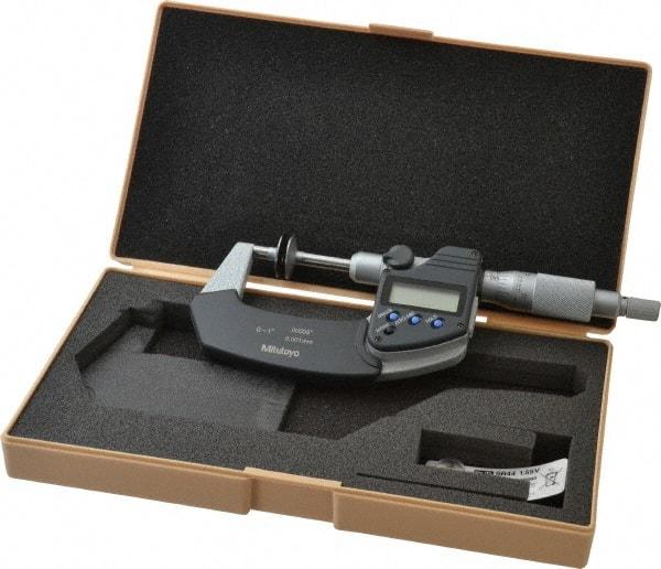 Mitutoyo - 0 to 1 Inch, Ratchet Stop Thimble, IP54 Water Resistance, Electronic Disc Micrometer - 0.0002 Inch Accuracy, 20mm Disc, 0.00005 Inch Resolution - Industrial Tool & Supply