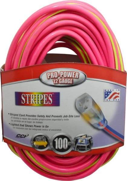Southwire - 100', 12/3 Gauge/Conductors, Pink/Lime Green Outdoor Extension Cord - 1 Receptacle, 15 Amps, 125 VAC, UL SJTW, NEMA 5-15P, 5-15R - Industrial Tool & Supply