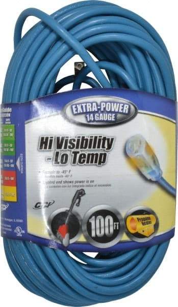 Southwire - 100', 14/3 Gauge/Conductors, Blue Outdoor Extension Cord - 1 Receptacle, 13 Amps, 125 VAC, UL SJTW, NEMA 5-15P, 5-15R - Industrial Tool & Supply