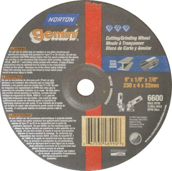 Norton - 24 Grit, 9" Wheel Diam, 1/8" Wheel Thickness, 7/8" Arbor Hole, Type 27 Depressed Center Wheel - Aluminum Oxide, 6,600 Max RPM, Compatible with Angle Grinder - Industrial Tool & Supply