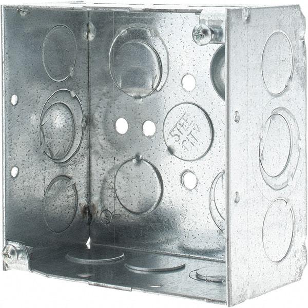 Thomas & Betts - 2 Gang, (17) 1/2 & 3/4" Knockouts, Steel Square Junction Box - 4" Overall Height x 4" Overall Width x 2-1/8" Overall Depth - Industrial Tool & Supply