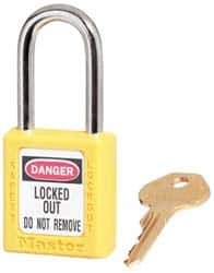 Master Lock - Keyed Alike Conductive Lockout Padlock - 1-1/2" Shackle Clearance, 1/4" Shackle Diam, 1-3/4" Body Height x 1-1/2" Body Width, Yellow, 6 Pins - Industrial Tool & Supply