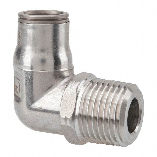 Legris - 1/2" Outside Diam, 1/2 NPT, Stainless Steel Push-to-Connect Male Elbow - 435 Max psi, Tube to Male NPT Connection, FKM O-Ring - Industrial Tool & Supply