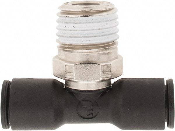 Legris - 1/4" OD, 1/4 NPT, Nylon/Nickel Plated Brass Push-to-Connect Male Branch Tee - 290 Max psi - Industrial Tool & Supply