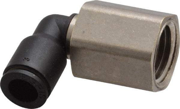 Legris - 1/4" OD, 1/4 NPT, Nylon/Nickel Plated Brass Push-to-Connect Female Elbow - 290 Max psi - Industrial Tool & Supply