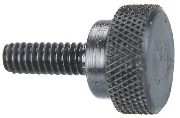 Morton Machine Works - #10-32 Knurled Shoulder Grade C-12L14 Steel Thumb Screw - 3/4" OAL, 1/2" Head Diam x 5/16" Head Height, Black Oxide Finish - Industrial Tool & Supply