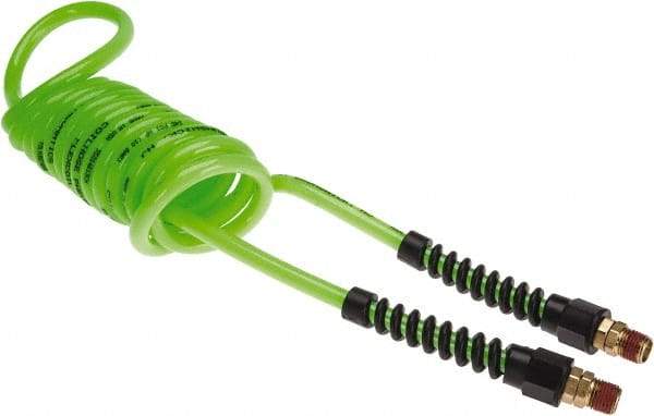 Coilhose Pneumatics - 1/4" ID, 1/4 Thread, 10' Long, Neon Green Polyurethane Coiled & Self Storing Hose - 125 Max psi, Male Swivel x Male Swivel with Strain Relief - Industrial Tool & Supply