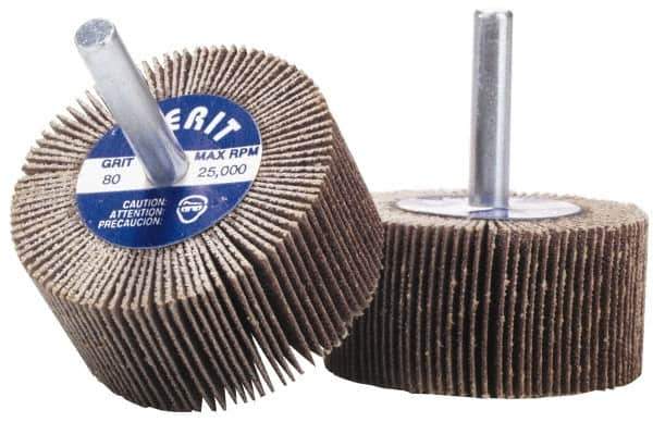 Merit Abrasives - 2" Diam x 1" Face Width, Coarse Aluminum Oxide Coated Mounted Flap Wheel - 1/4" Shank Mount, 50 Grit, Cloth Backing, 25,000 Max RPM - Industrial Tool & Supply