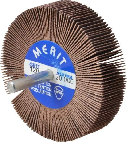Merit Abrasives - 3" Diam x 3/4" Face Width, Fine Ceramic Alumina Coated Mounted Flap Wheel - 1/4" Shank Mount, 120 Grit, 20,000 Max RPM - Industrial Tool & Supply