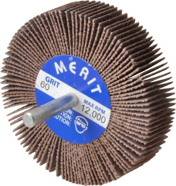 Merit Abrasives - 3" Diam x 3/4" Face Width, Medium Ceramic Alumina Coated Mounted Flap Wheel - 1/4" Shank Mount, 60 Grit, Cloth Backing, 20,000 Max RPM - Industrial Tool & Supply