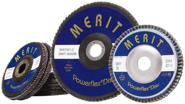 Merit Abrasives - 60 Grit, 5" Disc Diam, 7/8" Center Hole, Type 27 Zirconia Alumina Flap Disc - 12,000 Max RPM, Fiberglass Backing, Arbor Attaching System, Coated - Industrial Tool & Supply