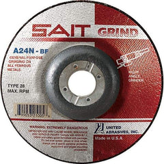 Sait - 24 Grit, 4-1/2" Wheel Diam, 1/4" Wheel Thickness, 7/8" Arbor Hole, Type 28 Depressed Center Wheel - Aluminum Oxide, Resinoid Bond, N Hardness, 13,300 Max RPM, Compatible with Angle Grinder - Industrial Tool & Supply