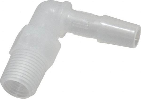 Made in USA - 1/4" Barb, 1/4, Polypropylene Single Barbed Tube Elbow - Natural, Male - Industrial Tool & Supply