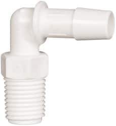 Made in USA - 3/8" Barb, 3/8, Polypropylene Single Barbed Tube Elbow - White, Male - Industrial Tool & Supply