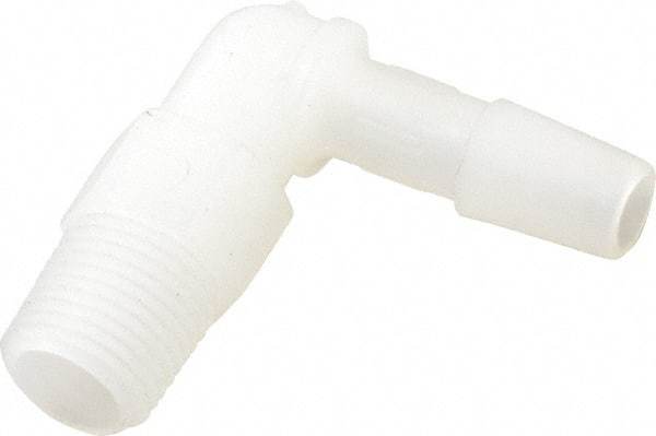 Made in USA - 1/4" Barb, 1/4, Kynar Single Barbed Tube Elbow - Natural, Male - Industrial Tool & Supply