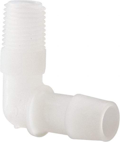 Made in USA - 1/2" Barb, 1/2, Kynar Single Barbed Tube Elbow - Natural, Male - Industrial Tool & Supply