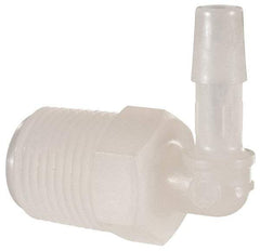 Made in USA - 1/4" Barb, 1/4, Kynar Single Barbed Tube Elbow - Natural, Male - Industrial Tool & Supply