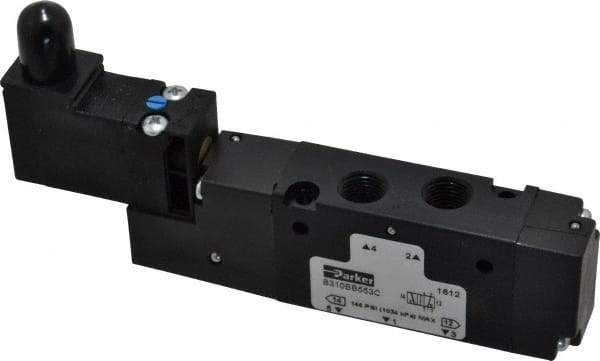 Parker - 1/8", 4-Way Body Ported Stacking Solenoid Valve - 120 VAC, 0.75 CV Rate, Air Return, 2.14" High x 4.67" Long - Industrial Tool & Supply