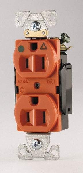 Cooper Wiring Devices - 125 VAC, 15 Amp, 5-15R NEMA Configuration, Orange, Hospital Grade, Isolated Ground Duplex Receptacle - 1 Phase, 2 Poles, 3 Wire, Flush Mount, Chemical, Heat and Impact Resistant - Industrial Tool & Supply