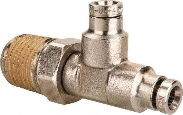 Norgren - 1/4 NPTF, Nickel Plated Brass Push-to-Connect Tube Male Swivel Run Tee - 260 Max psi, Tube to Male NPT Connection - Industrial Tool & Supply