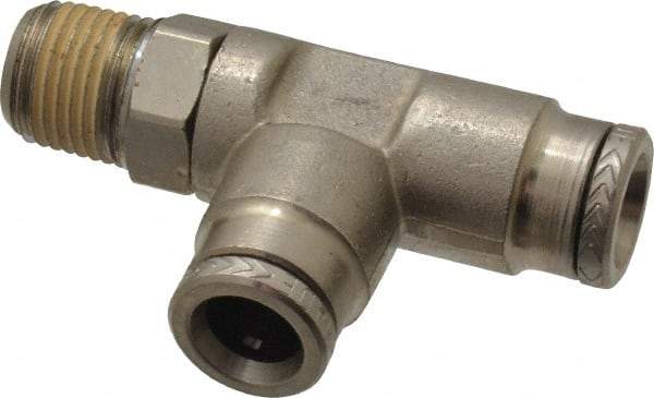 Norgren - 1/8 NPTF, Nickel Plated Brass Push-to-Connect Tube Male Swivel Run Tee - 260 Max psi, Tube to Male NPT Connection - Industrial Tool & Supply