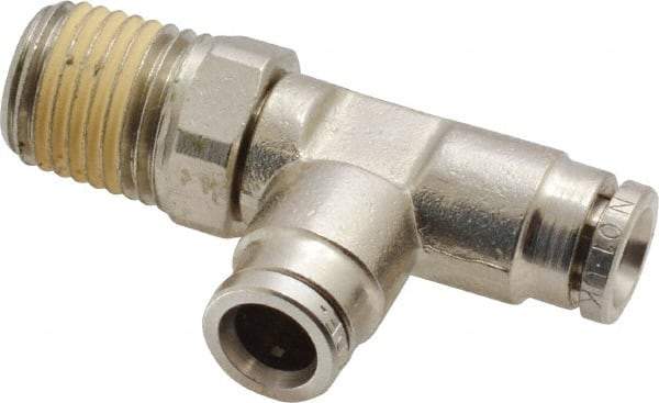 Norgren - 1/4 NPTF, Nickel Plated Brass Push-to-Connect Tube Male Swivel Run Tee - 260 Max psi, Tube to Male NPT Connection - Industrial Tool & Supply