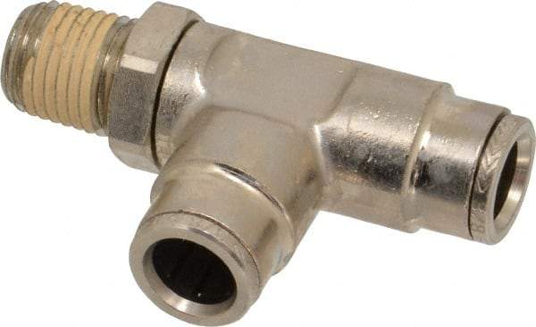 Norgren - 1/4 NPTF, Nickel Plated Brass Push-to-Connect Tube Male Swivel Run Tee - 260 Max psi, Tube to Male NPT Connection - Industrial Tool & Supply