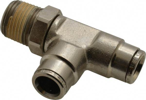 Norgren - 3/8 NPTF, Nickel Plated Brass Push-to-Connect Tube Male Swivel Run Tee - 260 Max psi, Tube to Male NPT Connection - Industrial Tool & Supply