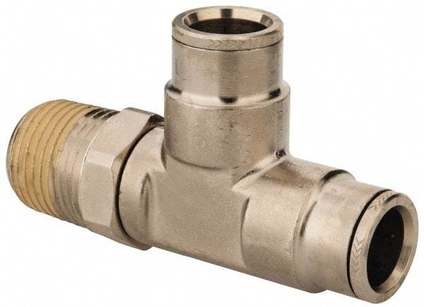 Norgren - 1/2 NPTF, Nickel Plated Brass Push-to-Connect Tube Male Swivel Run Tee - 260 Max psi, Tube to Male NPT Connection - Industrial Tool & Supply