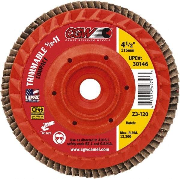 Camel Grinding Wheels - 40 Grit, 5" Disc Diam, 5/8-11 Center Hole, Compact Ceramic Flap Disc - 12,200 Max RPM, Cloth Backing, Arbor Attaching System, Coated - Industrial Tool & Supply