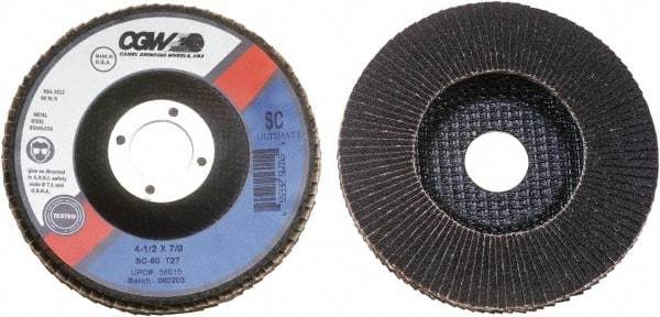 Camel Grinding Wheels - 40 Grit, 4" Disc Diam, 5/8" Center Hole, Type 27 Silicon Carbide Flap Disc - 15,300 Max RPM, Polyester Backing, Arbor Attaching System, Coated - Industrial Tool & Supply