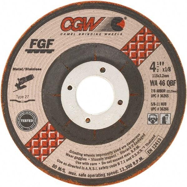 Camel Grinding Wheels - 46 Grit, 4-1/2" Wheel Diam, 1/8" Wheel Thickness, Type 27 Depressed Center Wheel - Medium Grade, Aluminum Oxide, Resinoid Bond, 13,300 Max RPM - Industrial Tool & Supply