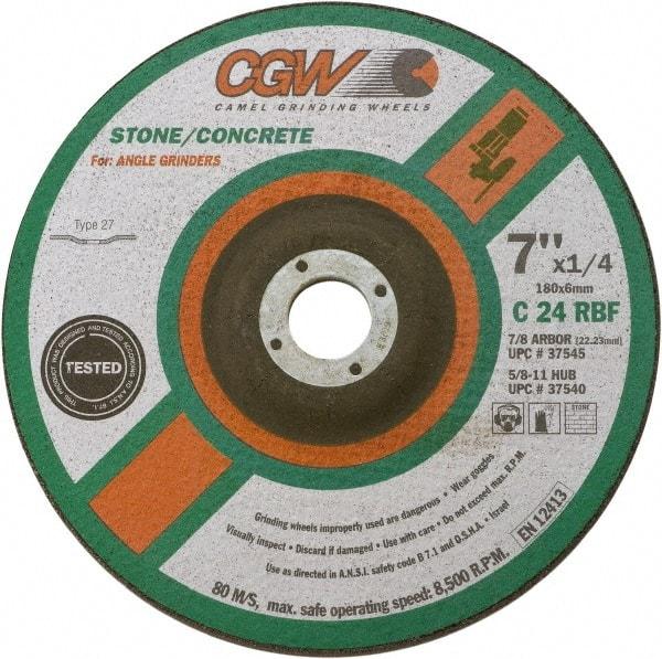 Camel Grinding Wheels - 24 Grit, 9" Wheel Diam, 1/4" Wheel Thickness, Type 27 Depressed Center Wheel - Coarse Grade, Silicon Carbide, Resinoid Bond, 6,650 Max RPM - Industrial Tool & Supply