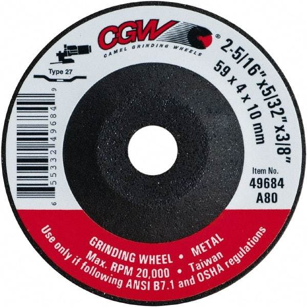 Camel Grinding Wheels - 80 Grit, 2-5/16" Wheel Diam, 5/32" Wheel Thickness, 3/8" Arbor Hole, Type 27 Depressed Center Wheel - Medium Grade, Aluminum Oxide, Resinoid Bond, 20,000 Max RPM - Industrial Tool & Supply