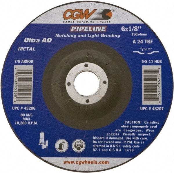 Camel Grinding Wheels - 24 Grit, 7" Wheel Diam, 1/8" Wheel Thickness, 7/8" Arbor Hole, Type 27 Depressed Center Wheel - Coarse Grade, Aluminum Oxide, Resinoid Bond, 8,600 Max RPM - Industrial Tool & Supply
