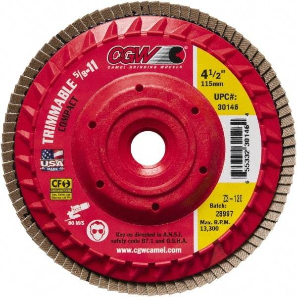 Camel Grinding Wheels - 120 Grit, 4-1/2" Disc Diam, 5/8-11 Center Hole, Compact Zirconia Alumina Flap Disc - 13,300 Max RPM, Poly Cotton Backing, Arbor Attaching System, Coated - Industrial Tool & Supply