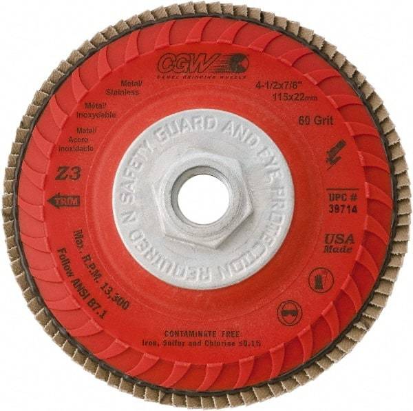 Camel Grinding Wheels - 120 Grit, 4-1/2" Disc Diam, 5/8-11 Center Hole, Compact Zirconia Alumina Flap Disc - 13,300 Max RPM, Poly Cotton Backing, Arbor Attaching System, Coated - Industrial Tool & Supply