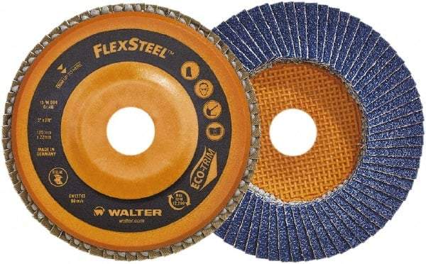 WALTER Surface Technologies - 120 Grit, 5" Disc Diam, 7/8" Center Hole, Type 27 Zirconia Alumina Flap Disc - 12,200 Max RPM, Wood Fiber Backing, Arbor Attaching System, Coated - Industrial Tool & Supply