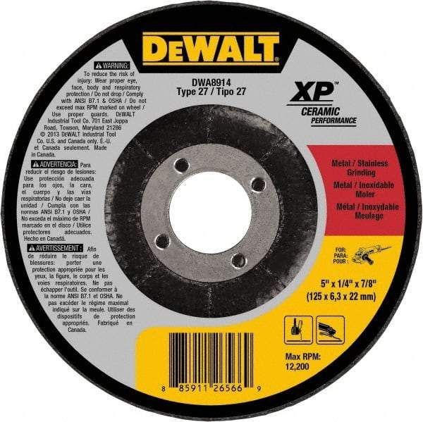 DeWALT - 5" Wheel Diam, 1/4" Wheel Thickness, 7/8" Arbor Hole, Type 27 Depressed Center Wheel - Medium Grade, Ceramic, 12,200 Max RPM - Industrial Tool & Supply