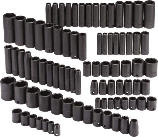 Proto - 86 Piece 3/8" & 1/2" Drive Black Finish Deep Well Impact Socket Set - 6 Points, 5/16" to 1-1/4" (9mm to 27mm) Range, Inch/Metric Measurement Standard - Industrial Tool & Supply
