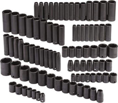 Proto - 86 Piece 3/8" & 1/2" Drive Black Finish Deep Well Impact Socket Set - 6 Points, 5/16" to 1-1/4" (9mm to 27mm) Range, Inch/Metric Measurement Standard - Industrial Tool & Supply