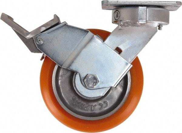 Caster Connection - 6" Diam x 2" Wide x 7-1/2" OAH Top Plate Mount Swivel Caster with Brake - Polyurethane, 1,000 Lb Capacity, Sealed Precision Ball Bearing, 4 x 4-1/2" Plate - Industrial Tool & Supply